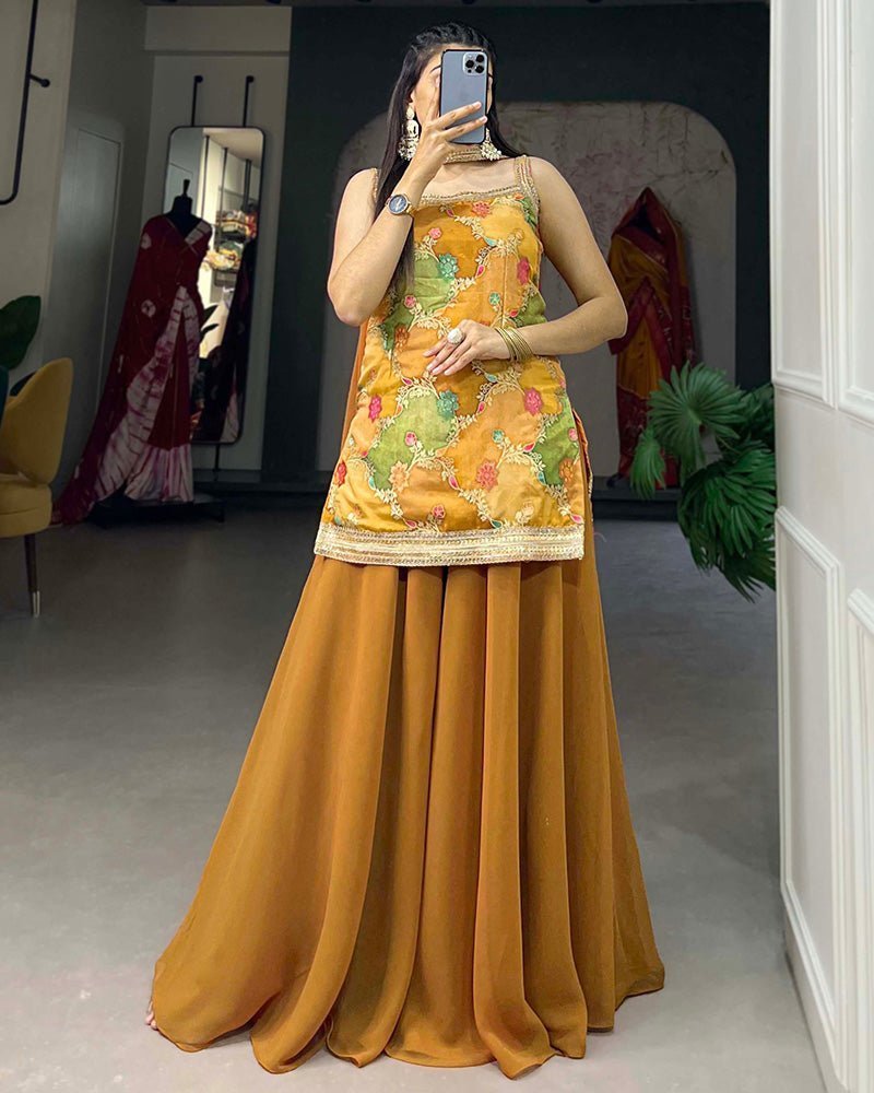 Mustard Color Jacquard Weaving Work Plazo Suit - Photo 1