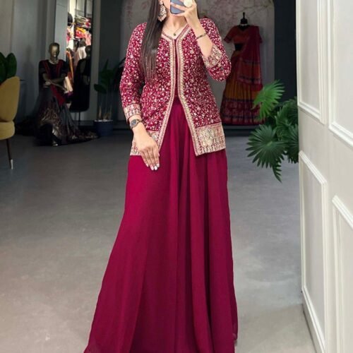 0.7_e2fb18dd-a6a2-4005-b652-19b53eb1040f-1.jpg Rani Pink Color Embroidery Work Georgette Plazo Suit