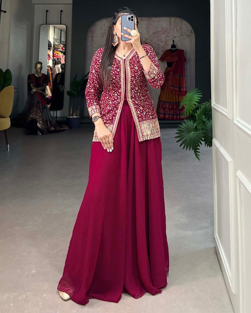 Rani Pink Color Embroidery Work Georgette Plazo Suit - Photo 1