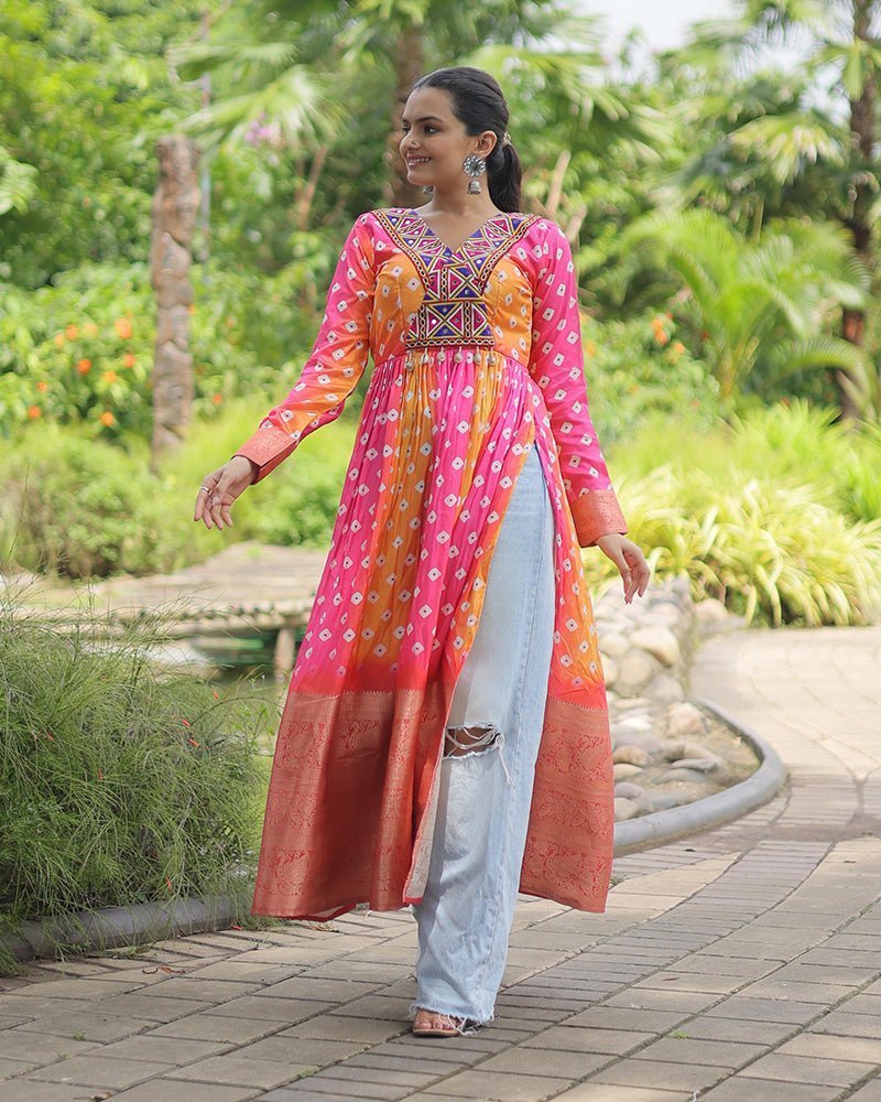 Yellow Pink Color Cotton Printed Navratri Kurti - Photo 1