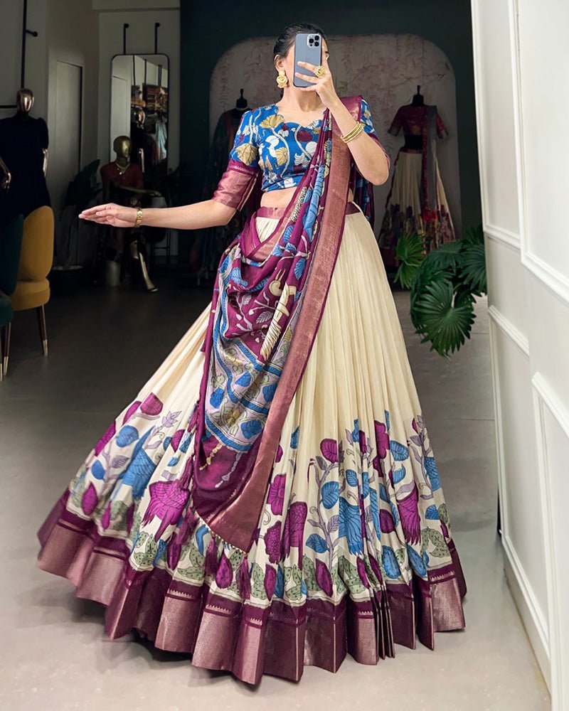Off-White Color Jacquard Dola Silk Printed Lehenga Choli - Photo 1
