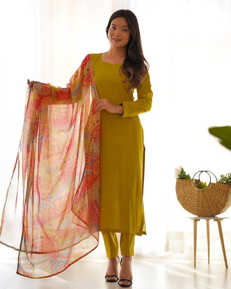 Yellow Color Viscose Ready To wear Three Piece Kurti Suit - Photo 1