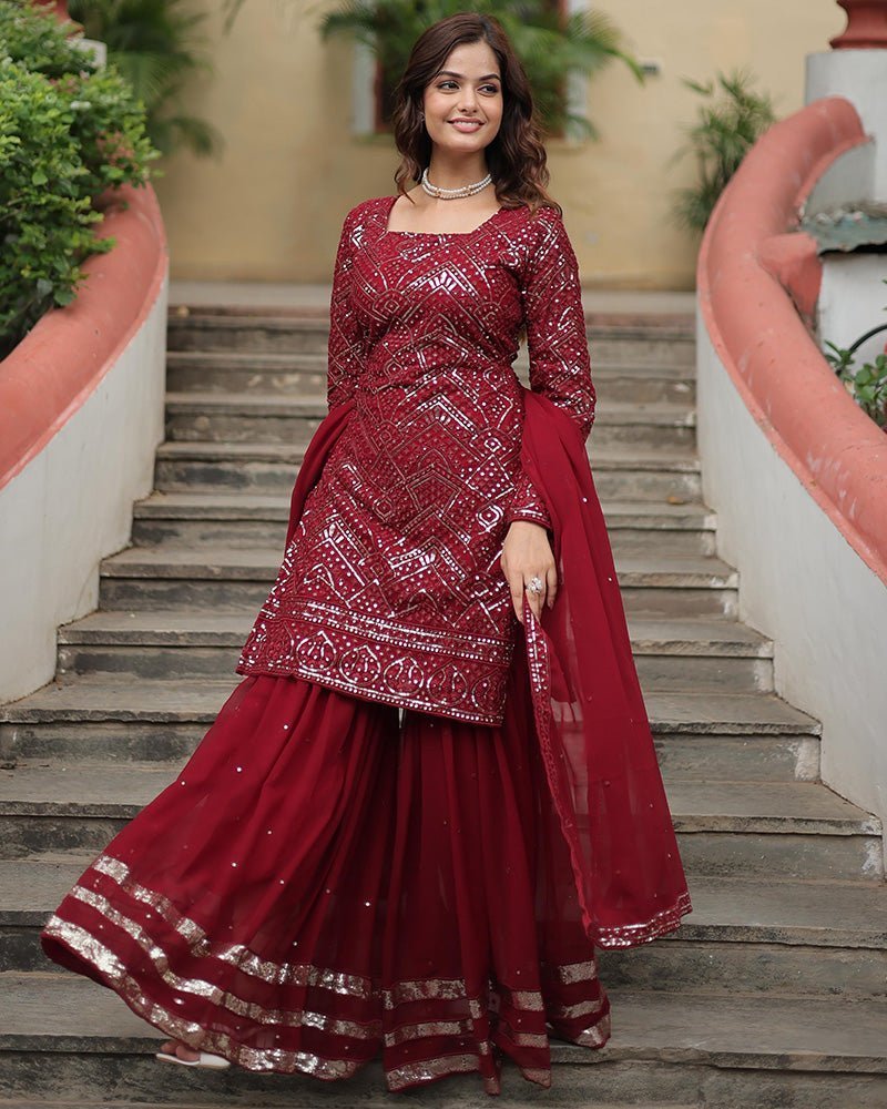 Maroon Color Faux Georgette Embroidered Sharara Suit - Photo 1