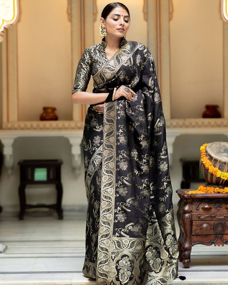 Black Color Banarasi Jacquard Zari Weaving Saree - Photo 1