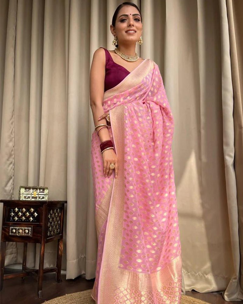 Beautiful Baby Pink Color Banarasi Jacquard Weaving Saree - Photo 1