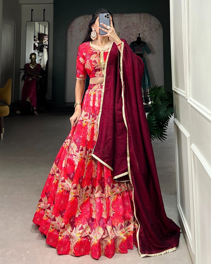 Red Color Tussar Silk Floral Printed Lehenga Choli - Photo 1