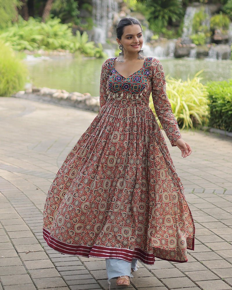 Maroon Color Cotton Printed Navratri Kurti - Photo 1