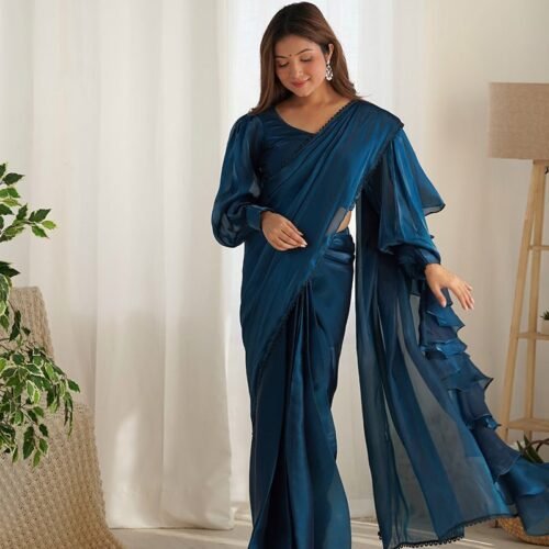 104_9cb82724-2c6c-4d7c-87f6-d7c8d0de57cb-1.jpg Teal Blue Color Jimmy Choo Pre Drapped Saree