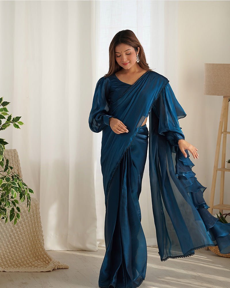Teal Blue Color Jimmy Choo Pre Drapped Saree - Photo 1