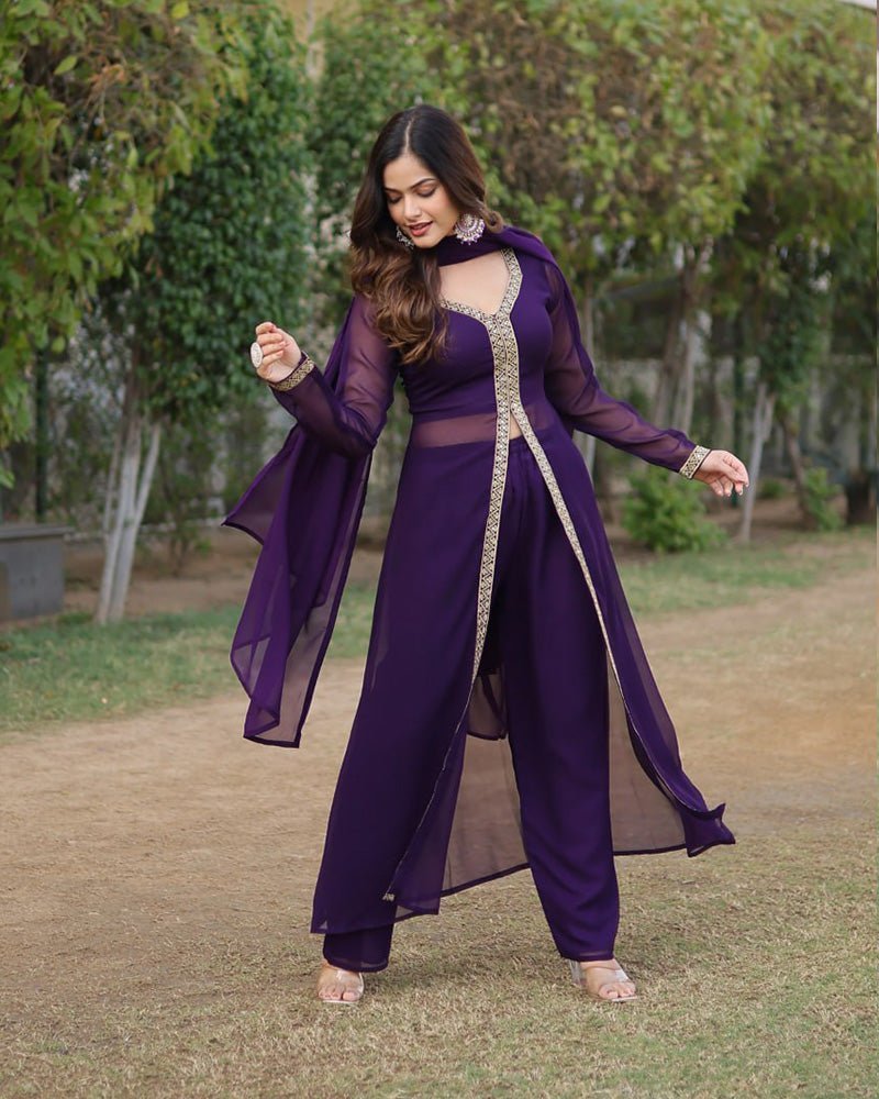 Western Designer Wine Color Georgette Three Piece Kurti Suit - Photo 1