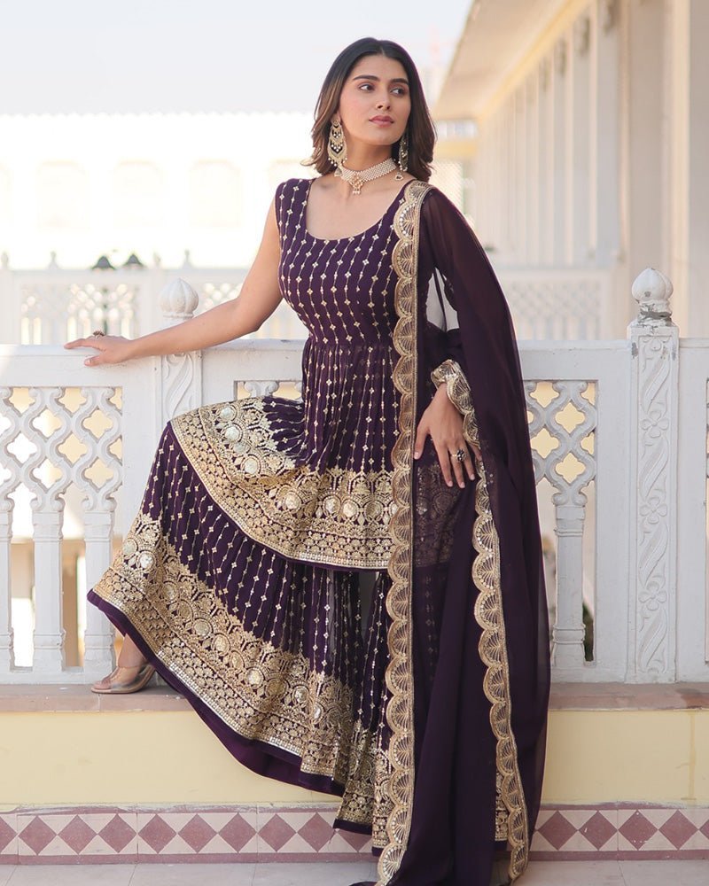 Designer Dark Wine Color Three Piece Gharara Suit - Photo 1