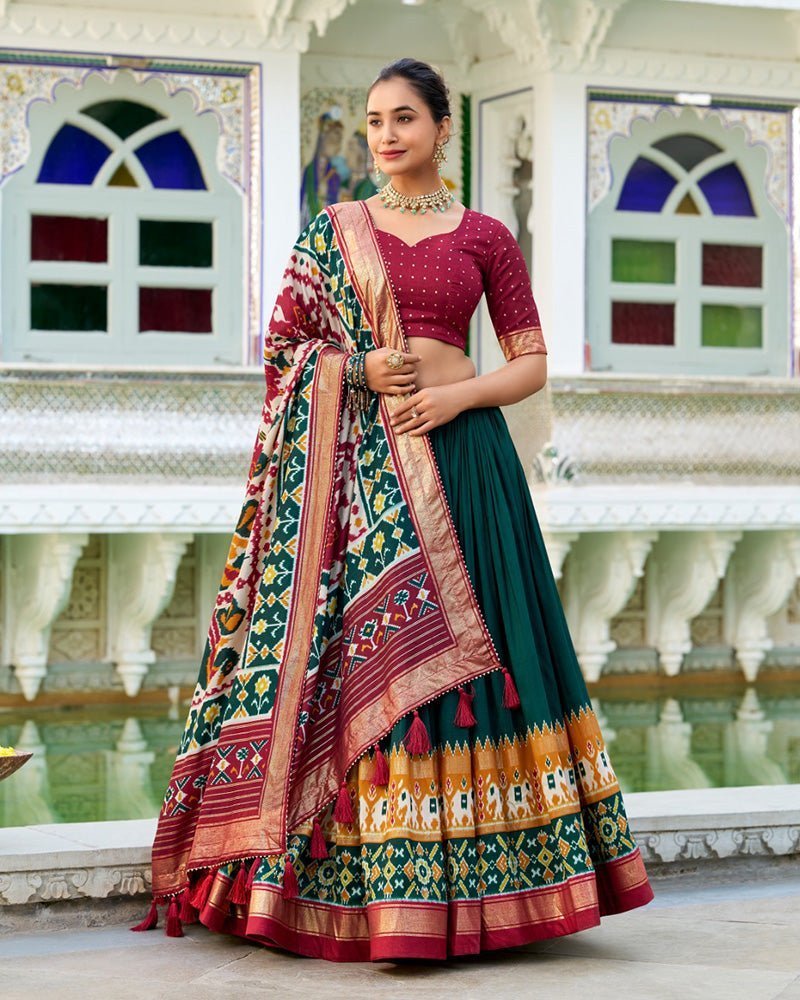 Green Color Tussar Silk Patola Printed Lehenga Choli - Photo 1