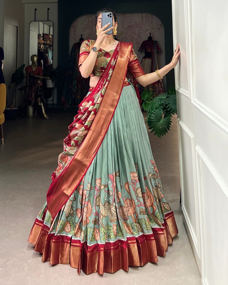 Sea Green Color Jacquard Dola Silk Printed Lehenga Choli - Photo 1