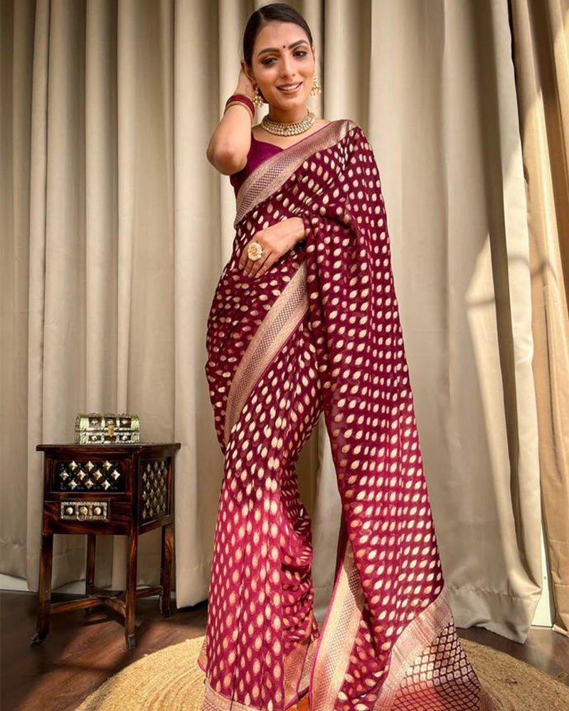 Beautiful Maroon Color Banarasi Jacquard Weaving Saree - Photo 1