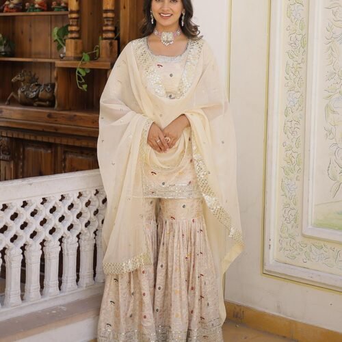 113_871437d7-6e54-4b45-8251-8198083b29f3-1.jpg Off-White Color Viscose Jacquard Three Piece Gharara Suit