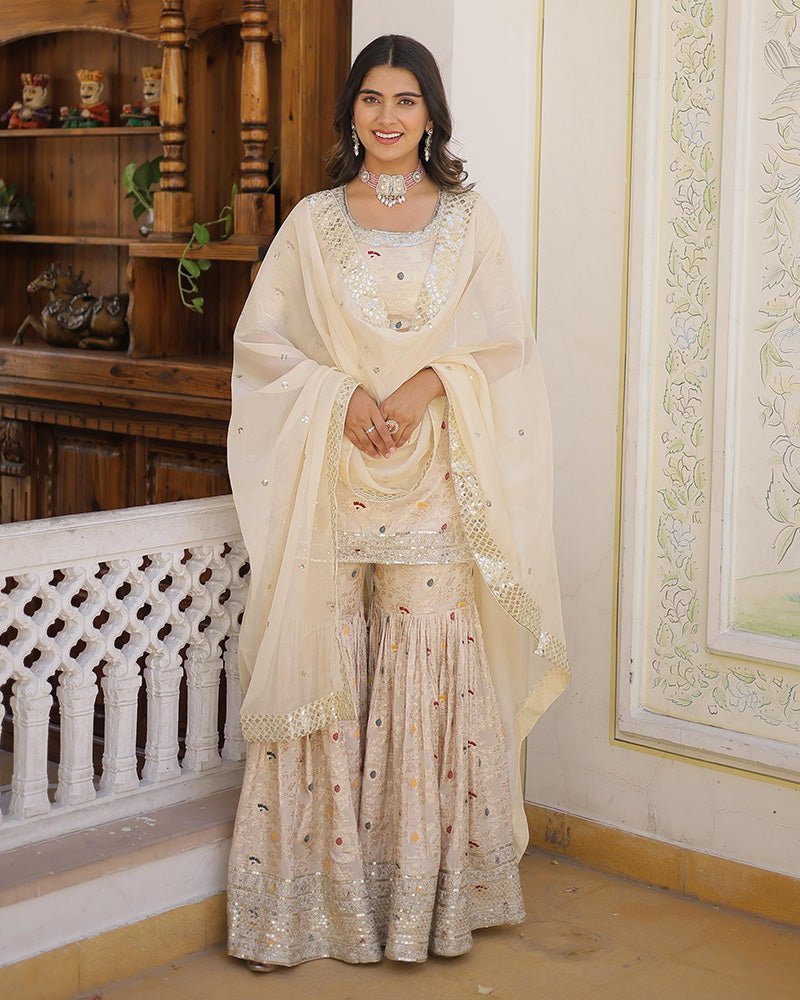 Off-White Color Viscose Jacquard Three Piece Gharara Suit - Photo 1