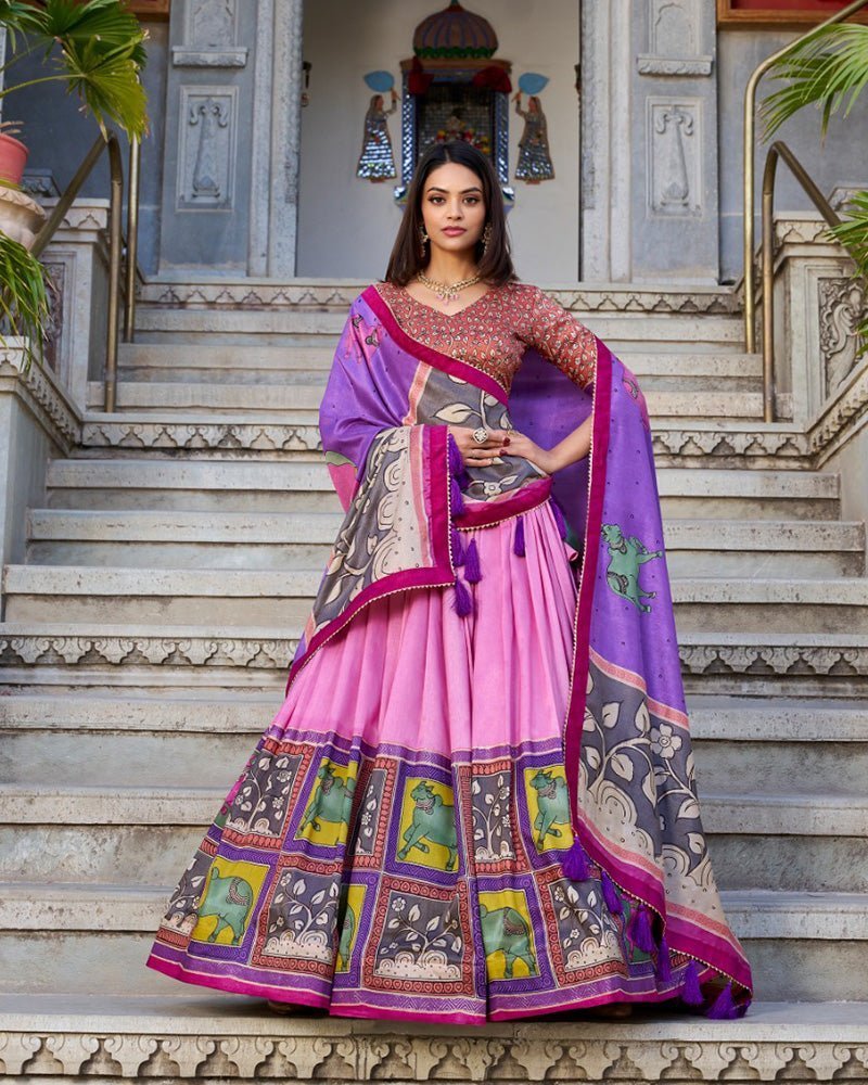 Peach Color Tussar Silk Kalamkari Printed Lehenga Choli - Photo 1