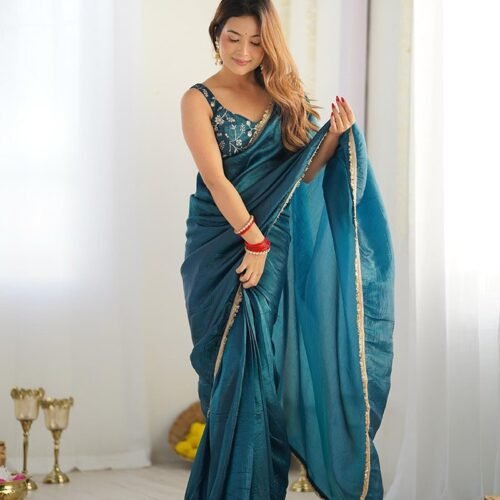 119_0ed41192-54e7-40d8-ac2e-6fe204aa8c36-1.jpg Teal Blue Color Tissue Silk Pre Drapped Saree