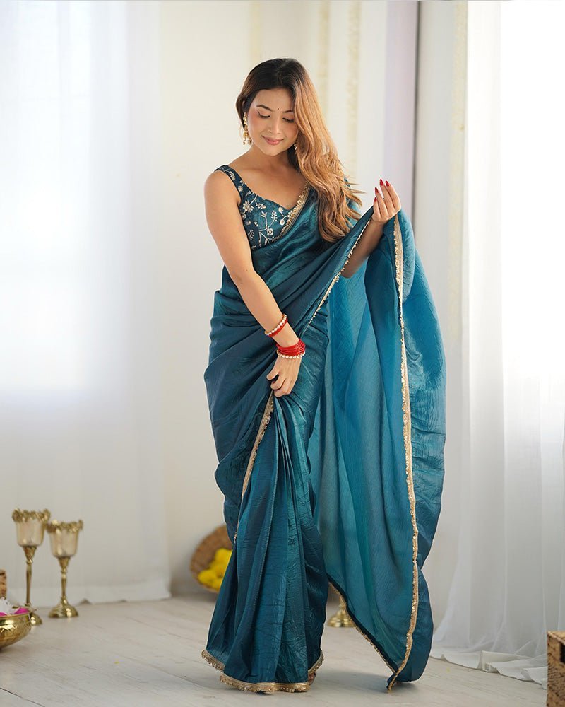 Teal Blue Color Tissue Silk Pre Drapped Saree - Photo 1