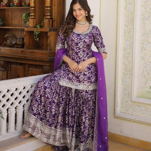 11_f23262f5-8c91-4044-93dd-10ca24ccb161-1.jpg Purple Color Viscose Jacquard Three Piece Gharara Suit