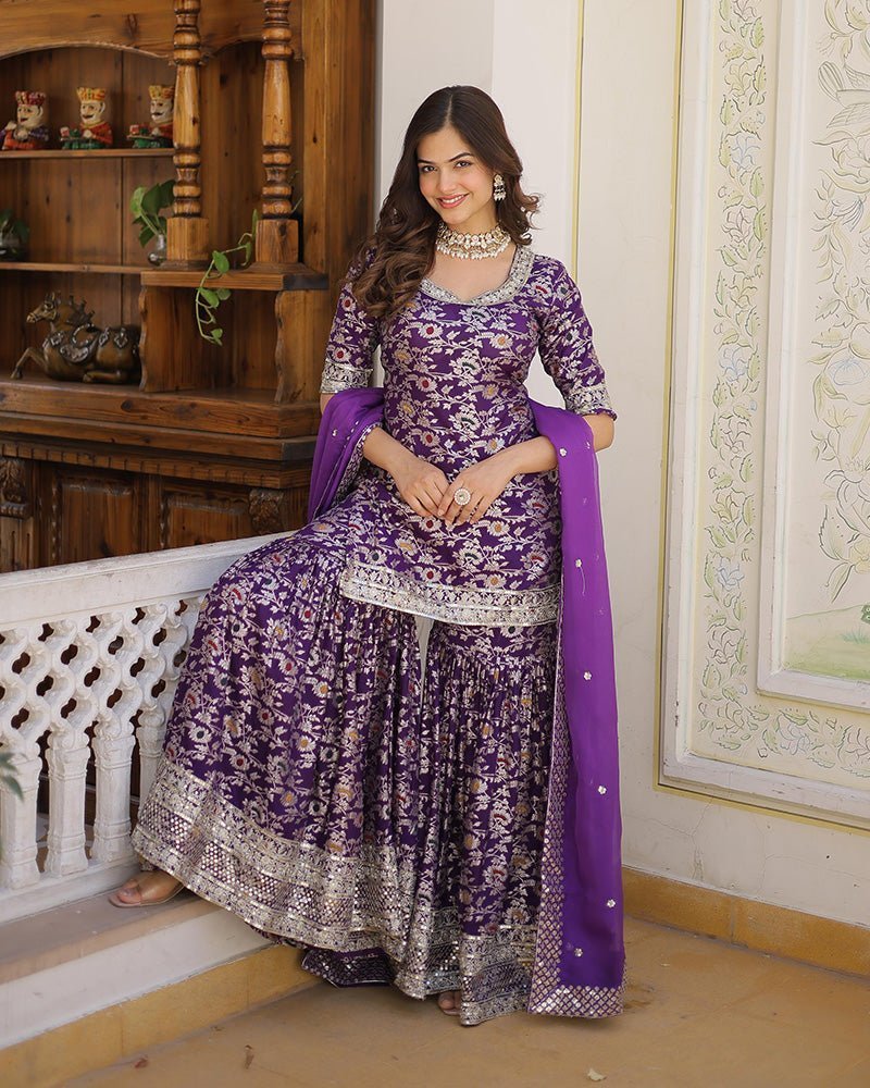 Purple Color Viscose Jacquard Three Piece Gharara Suit - Photo 1
