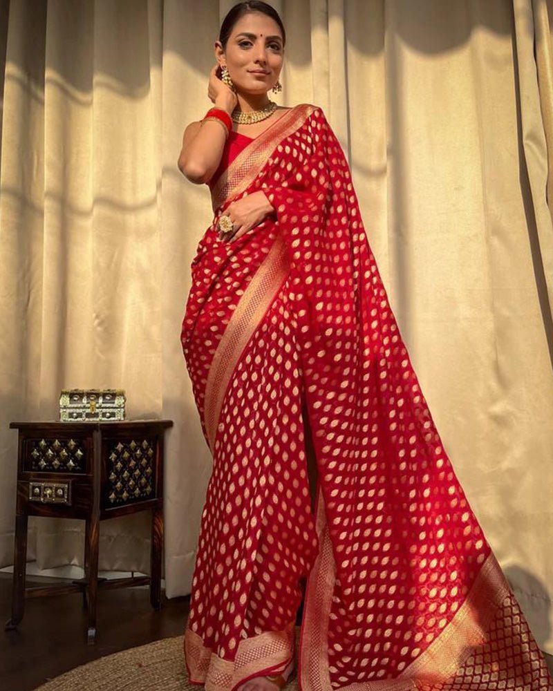 Beautiful Red Color Banarasi Jacquard Weaving Saree - Photo 1