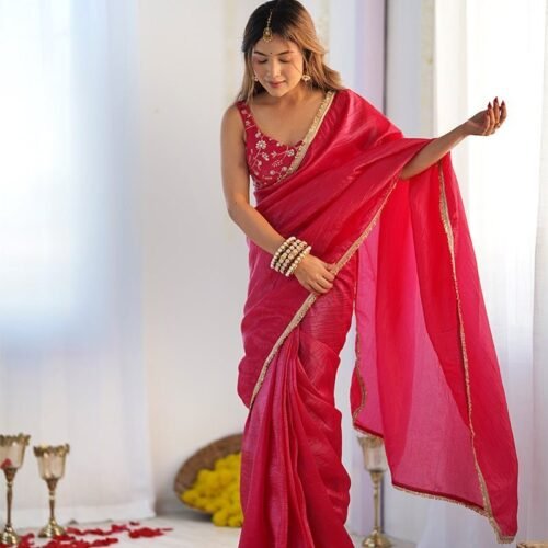 126_0980bd2b-811f-44de-a103-1f6b07e31d23-1.jpg Rani Pink Color Tissue Silk Pre Drapped Saree