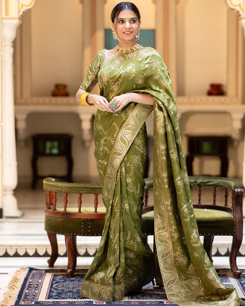 Mehndi Color Banarasi Jacquard Zari Weaving Saree - Photo 1