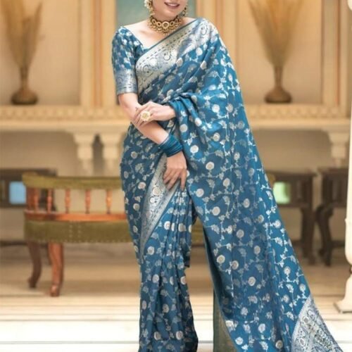 129_205b57a3-a724-41fe-abed-6345e8e59441-1.jpg Rama Color Banarasi Jacquard With Zari Work Saree