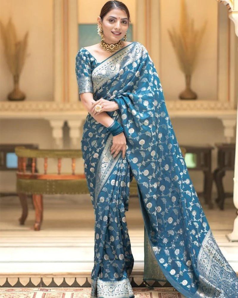 Rama Color Banarasi Jacquard With Zari Work Saree - Photo 1
