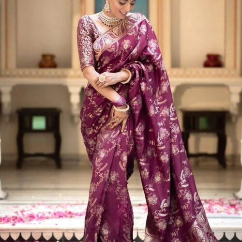 131_f2b6e082-387f-46a5-87ee-06ecfae4217a-1.jpg Wine Color Banarasi Jacquard Zari Weaving Saree
