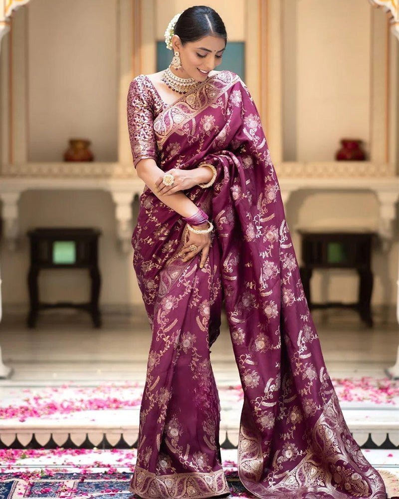 Wine Color Banarasi Jacquard Zari Weaving Saree - Photo 1
