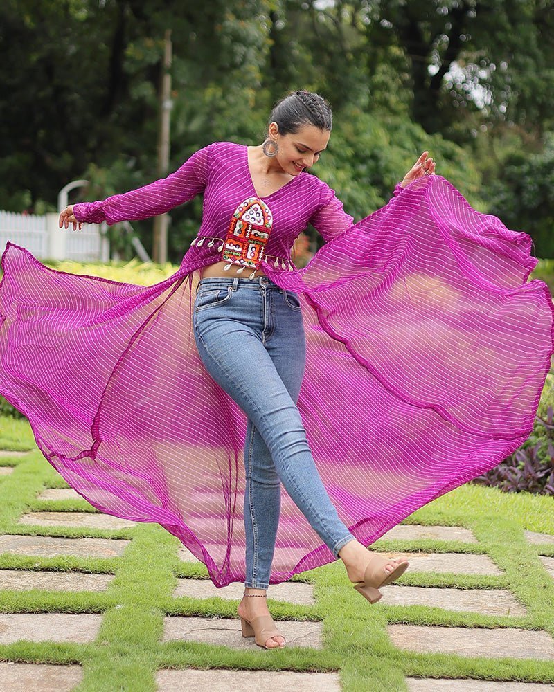 Pink Color Georgette Laheriya Print Navratri Kurti - Photo 1