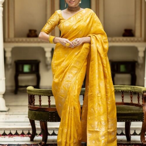 133_23e0c8e1-6deb-4df2-b6d7-5e6935e52ec6-1.jpg Yellow Color Banarasi Jacquard Zari Weaving Saree