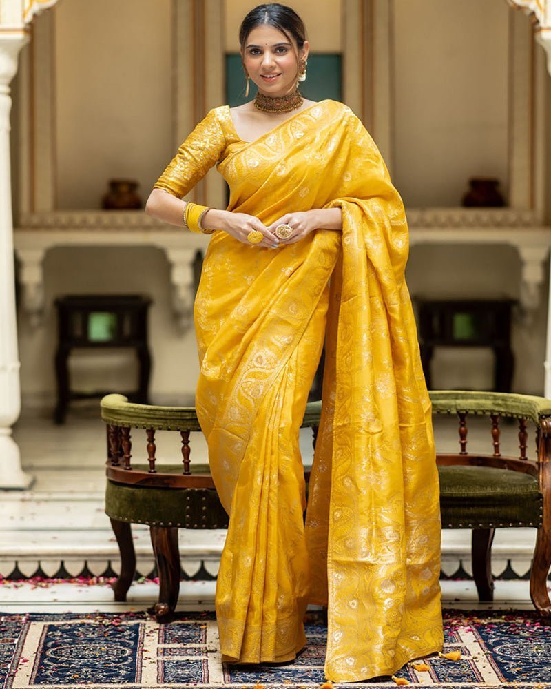 Yellow Color Banarasi Jacquard Zari Weaving Saree - Photo 1