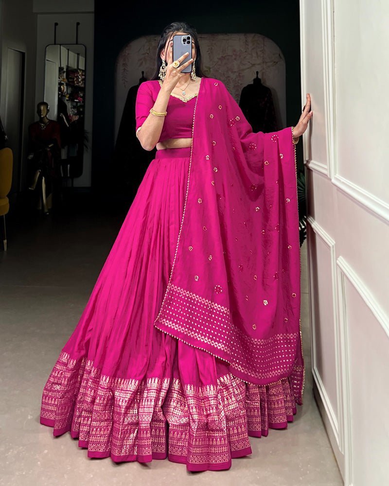 Pink Color Pure Chanderi Plain Navratri Lehenga Choli - Photo 1