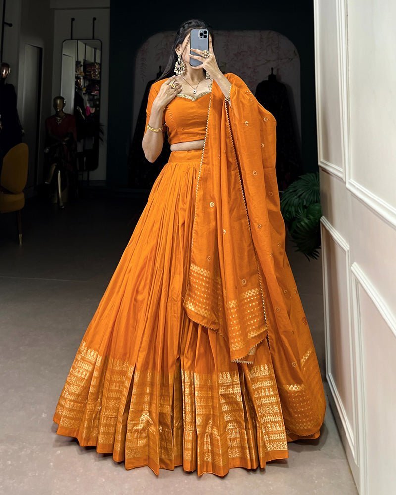 Yellow Color Pure Chanderi Plain Navratri Lehenga Choli - Photo 1