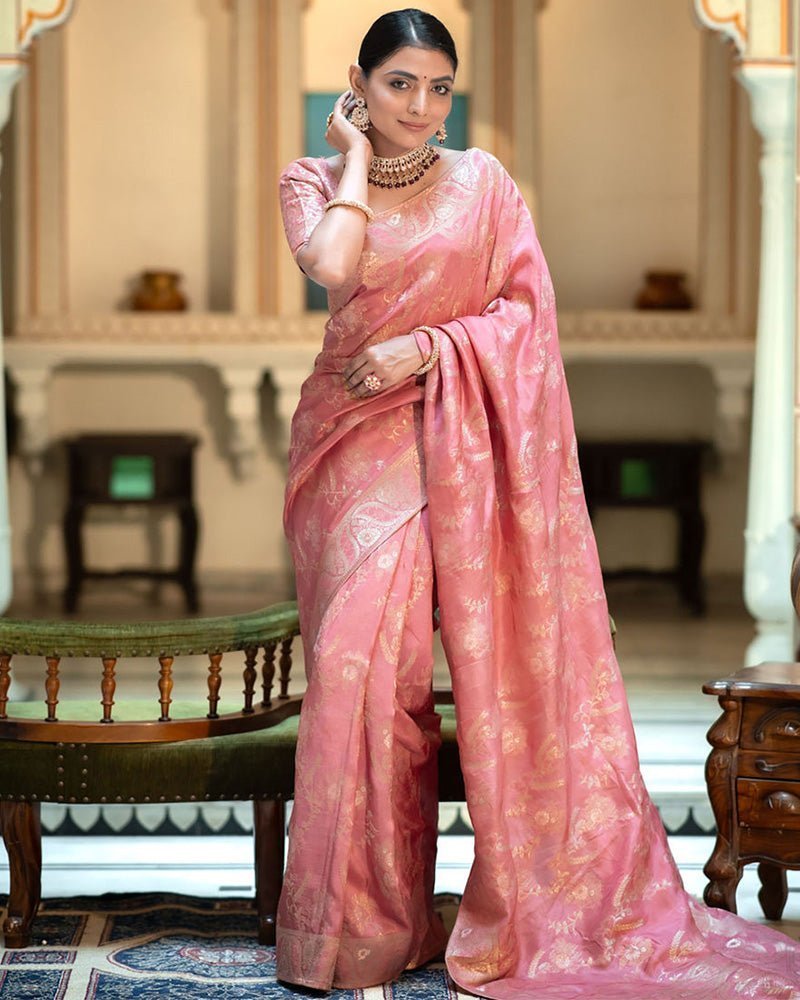 Orange Color Banarasi Jacquard Zari Weaving Saree - Photo 1