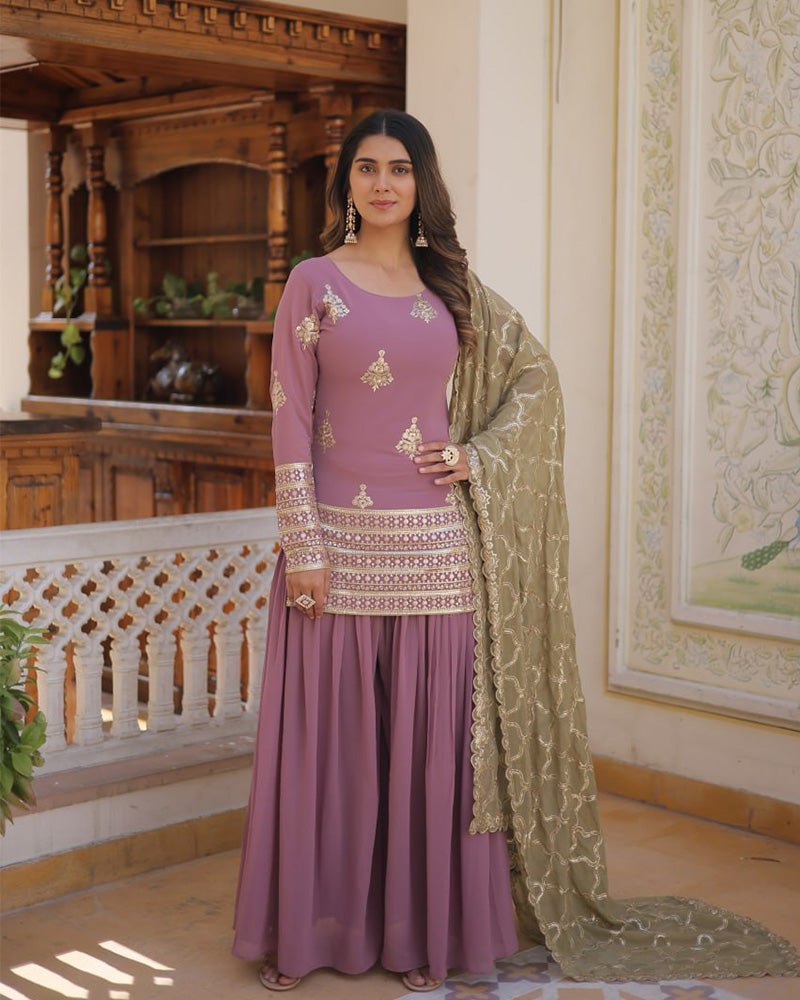 Beautiful Onion Color Georgette Three Piece Plazzo Suit - Photo 1