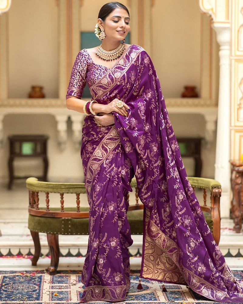 Purple Color Banarasi Jacquard Zari Weaving Saree - Photo 1