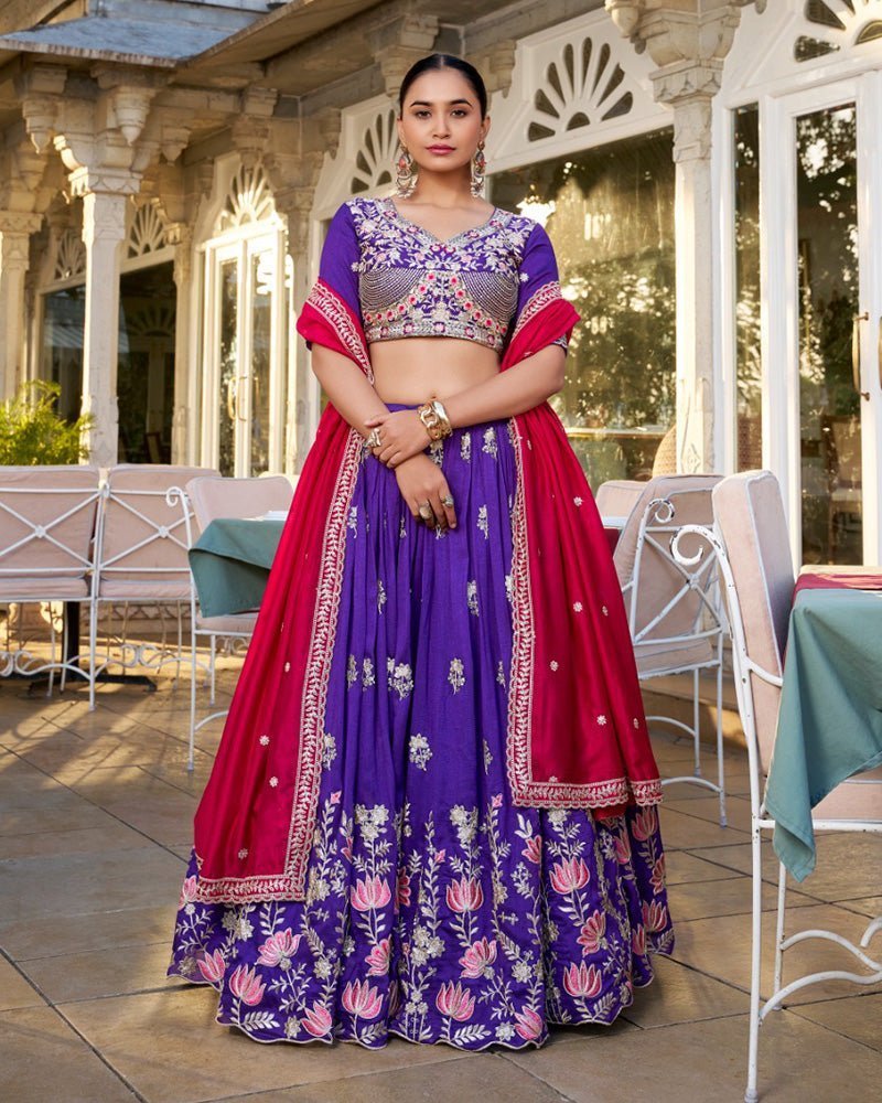Purple Color Vichitra Silk Thread Embroidered Lehenga Choli - Photo 1