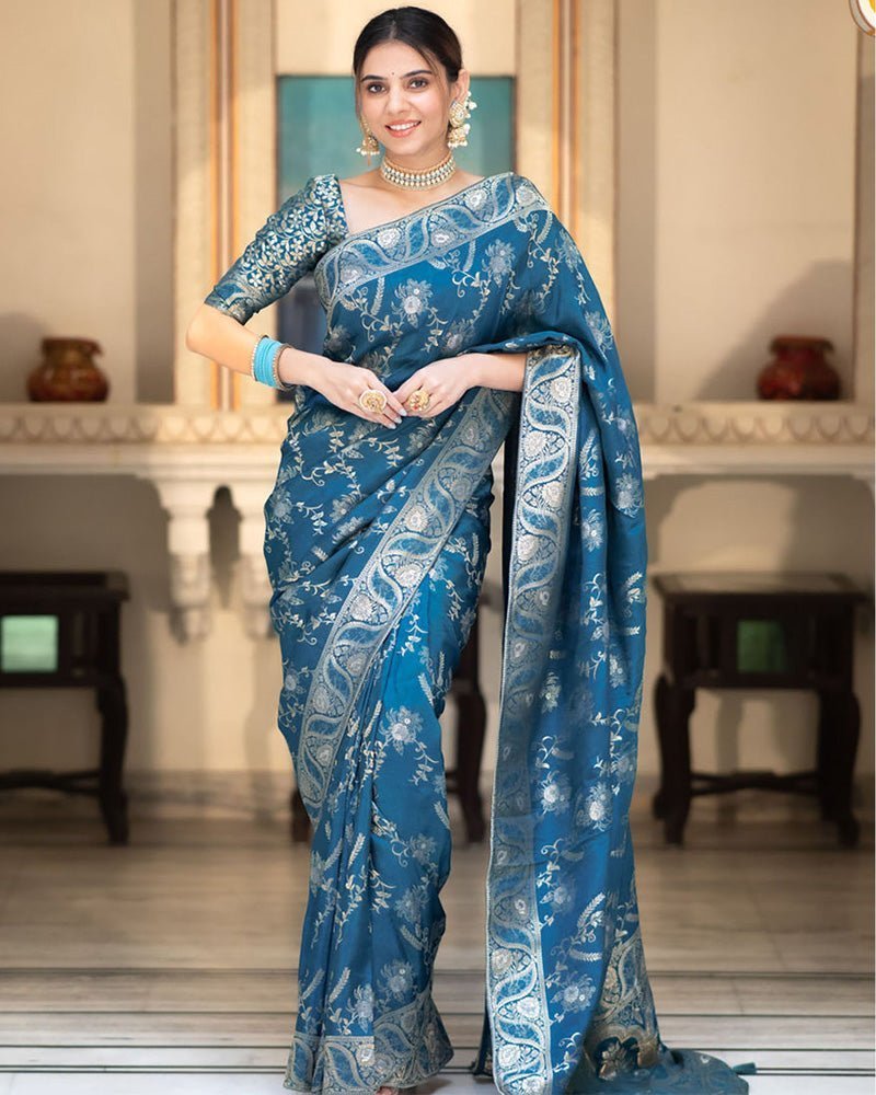 Rama Color Banarasi Jacquard Zari Weaving Saree - Photo 1