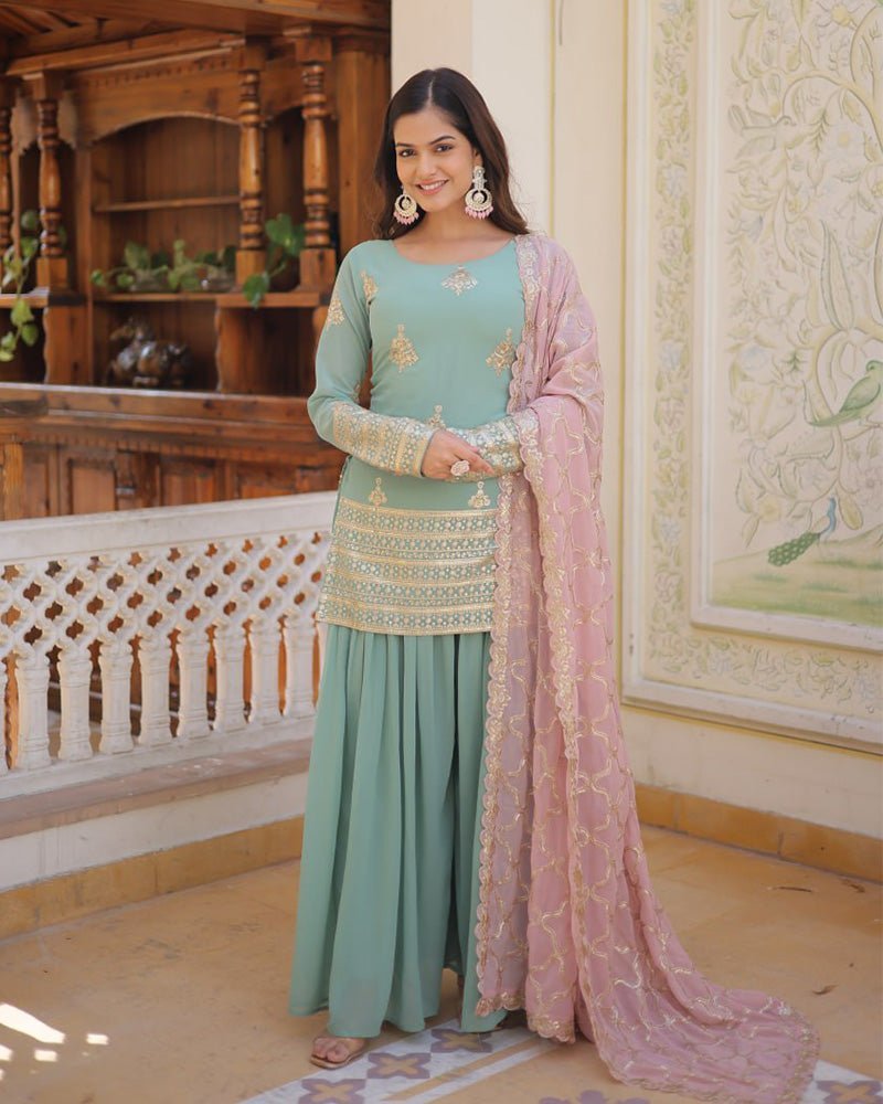 Beautiful Bottle Green Color Georgette Three Piece Plazzo Suit - Photo 1