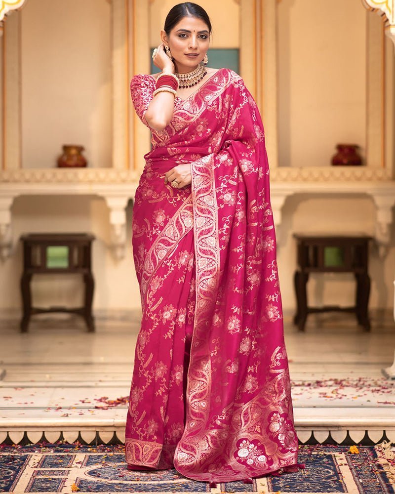 Rani Pink Color Banarasi Jacquard Zari Weaving Saree - Photo 1