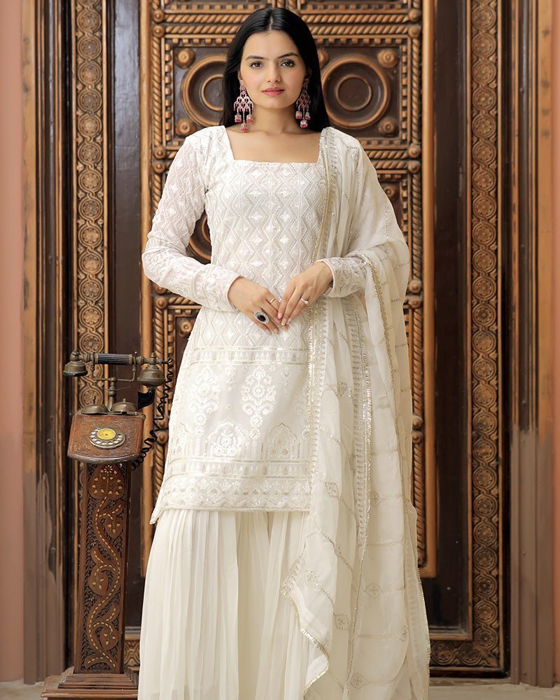 White Color Three Piece Sharara Suit - Photo 1