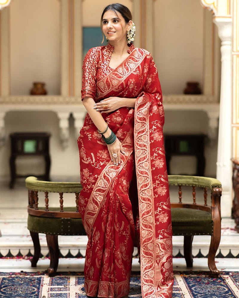 Red Color Banarasi Jacquard Zari Weaving Saree - Photo 1