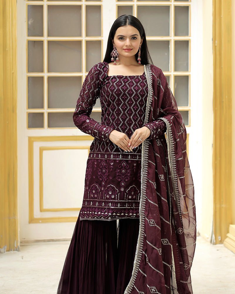 Wine Color Three Piece Sharara Suit - Photo 1