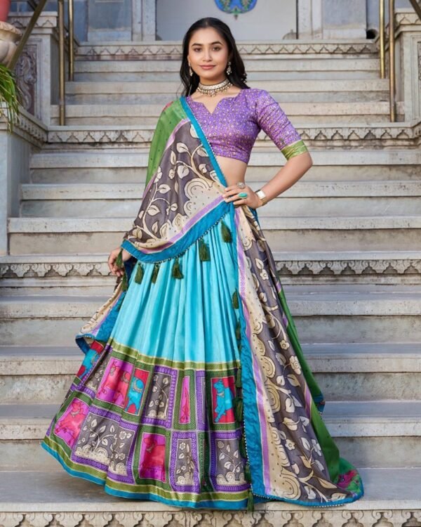 17_0952982b-cb9d-48d6-addd-3651015a41e5-1.jpg Sea Green Color Tussar Silk Kalamkari Printed Lehenga Choli