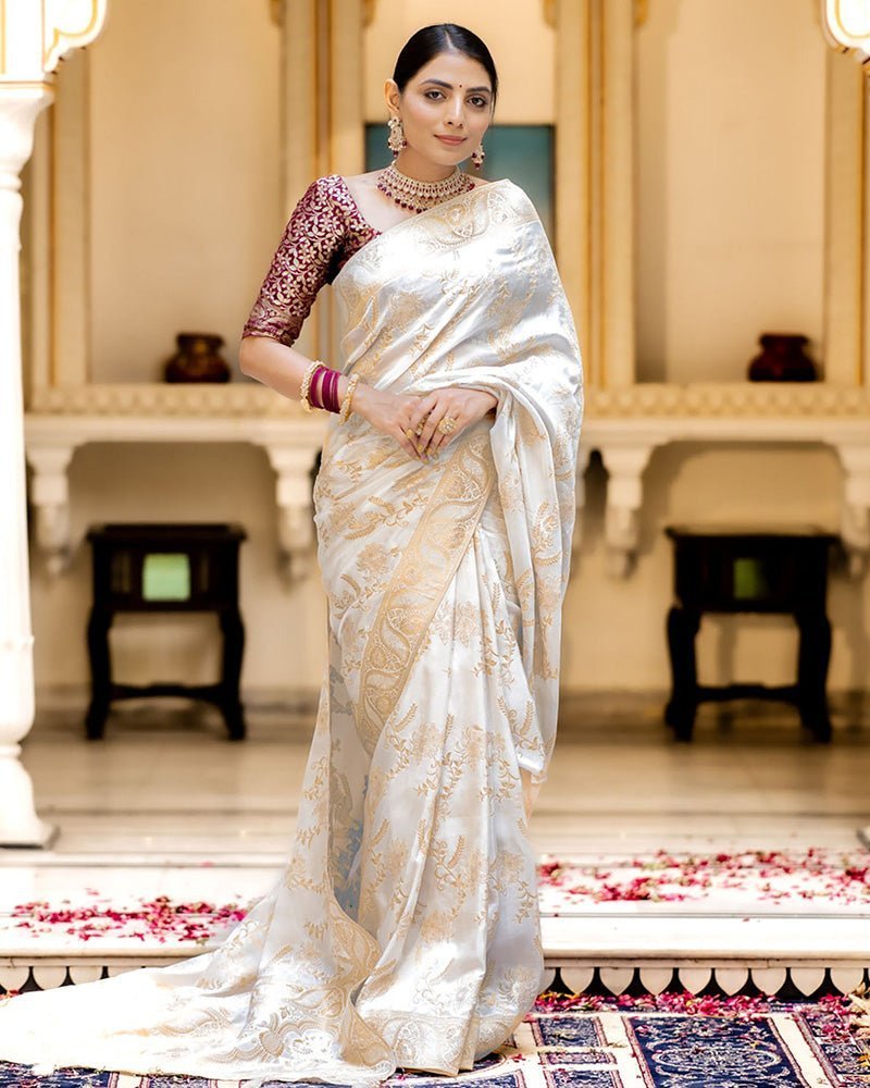 White Color Banarasi Jacquard Zari Weaving Saree - Photo 1