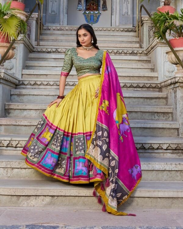 22_c21c02bc-3b07-4a66-b12f-cf621a1e51f3-1.jpg Mustard Color Tussar Silk Kalamkari Printed Lehenga Choli